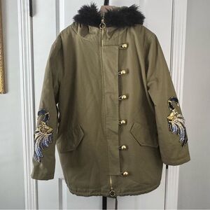 Ciao Milano 1969 Olive Parka Jacket Embroidered Sleeves Faux Fur Hood NWOT L